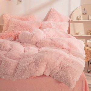 4-Piece Plush Faux Fur Bedding Set, Winter Thickened Warm South Korean Crystal Velvet, Solid Color Long Hair Flannel, Sheet Set with 2 Pillowcases - No Throw Pillows Included, Hand Wash or Machine Washable, All-Season Outdoor Blanket