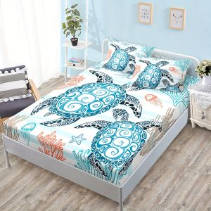 3pcs 100% Polyester Turtle Print Fitted Sheet Set Teen Boys Bedroom Decoration, Coastal Beach Theme Coral Starfish Jellyfish Pattern Bedding Set, 1 Fitted Sheet + 2 Pillowcases Without Core