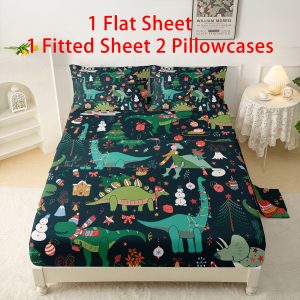 Cartoon Dinosaur Sheets Set Dinosaurs Sheets Set Set, Christmas Dinosaurs Printing Bedding Ultra Soft, Ultra Sheets Set 1 Fitted Sheet, 1 Flat Sheet, 2 Pillow Cases