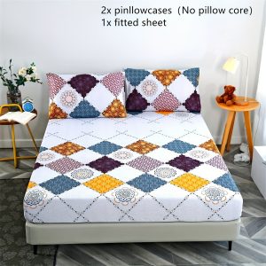 3-Piece Geometric Plaid Patchwork Print Bedding Set, Soft Comfortable, Breathable All-Season Sanded Polyester Bed Sheet & Pillowcases (1 Fitted Sheet + 2 Pillowcases, No Pillow Core) - Machine Washable