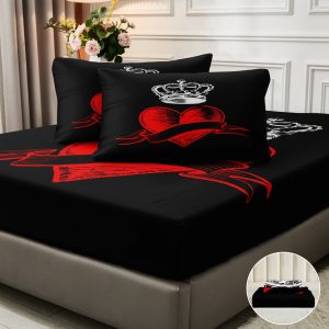 3pcs 85G July Chemical Fiber Polyester Black Bottom Love Crown Digital Fitted Sheet Three-piece Set, Soft, Comfortable, Bed, Eight Sizes, Includes a Pair of Pillowcases, 20''*30''