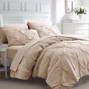 ELNIDO QUEEN 7pc Beige Queen Comforter Set With With Fitted Sheet, Pillow Cases, Pillow Shams, Flat Sheet, 7 Piece Pintuck Bed In A Bag Ivory With Comforter And Sheets, Off White Bedding Comforters & Sets (Cream, Full Queen King) 280GSM