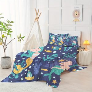 4 Piece Soft Bed Sheets Set Purple Ocean Mermaids Seaweed And Fishes Printed Bedding Set In A Box 1 Flat Sheet +1 Fitted Sheet+2 Pillowcases