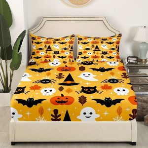 Erosebridal Halloween Bed Sheet Set Cartoon Black Cat Pumpkin Fitted Sheet Lantern Bedding Set Ghost Quilt Set For Teens Bed Cover, 1 Fitted Sheet, 1 Top Sheet, 1/2 Pillowcase