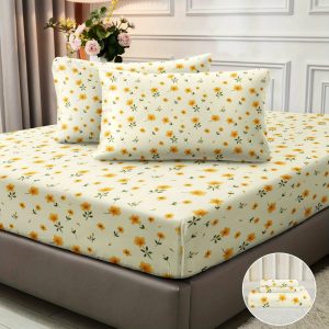 Jit3pcs 85G7 Month Chemical Fiber Polyester Yellow Small Floral Digital Fitted Sheet Three-Piece Set, Soft, Comfortable, for Bed, Eight Sizes, Including a Pair of Pillowcases, 20''*30''