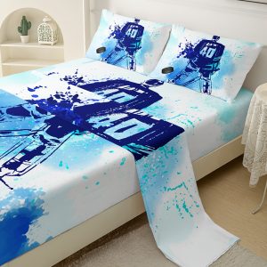 Ice Hockey Athlete Sheets Set Blue Gradient Super Soft Bedding Set Hockey Fans Breathable Room Decoration 1 Fitted Sheet, 1 Flat Sheet, 2 Pillow Cases