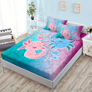 3pcs100% Polyester Cute Axolotl Print Fitted Sheet Set Girls Bedroom Decoration, Blue And Pink Cartoon Zircon Pattern Bedding Set, 1 Fitted Sheet + 2 Pillowcases Without Core