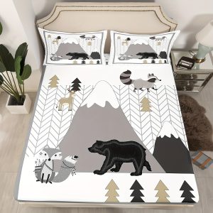 Cute Animals Sheet Set Cartoon Fox Bear Fitted Sheets Set Twin/Full/Queen Size Mountains And Trees Bedding Sheet Sets Includes 1 Flat Sheet, 1 Fitted Sheet, 1/2 Pillowcases, 3/4Pcs