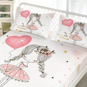 3pcs Cartoon Girl Letter Love Fitted Sheet Set (1 Fitted Sheet + 2 Pillowcase Without Pillow Insert), Soft Cozy And Breathable HD Printing Bedding For Home Dorm Decor