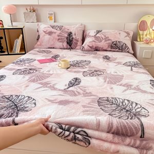 3pcs-Warm and Soft Floral Leaf Long Plush Fitted Sheets for Autumn and Winter, Machine Washable Mattress Protector, Product Includes Pillowcase*2, Fitted Sheet*1