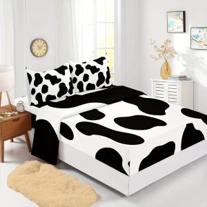 Cow Printed Sheet Set 4 Piece, Milk Cow Sheets for Girls Boys Teens with 2 Pillowcases and 16" Deep Pocket, Animal Bedding Set Microfiber Ultra Soft Skin Friendly